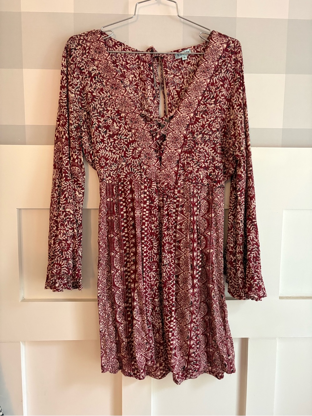Nostalgia Burgundy and Cream Lace-Up Printed Boho Mini Dress Small - Picture 5 of 9
